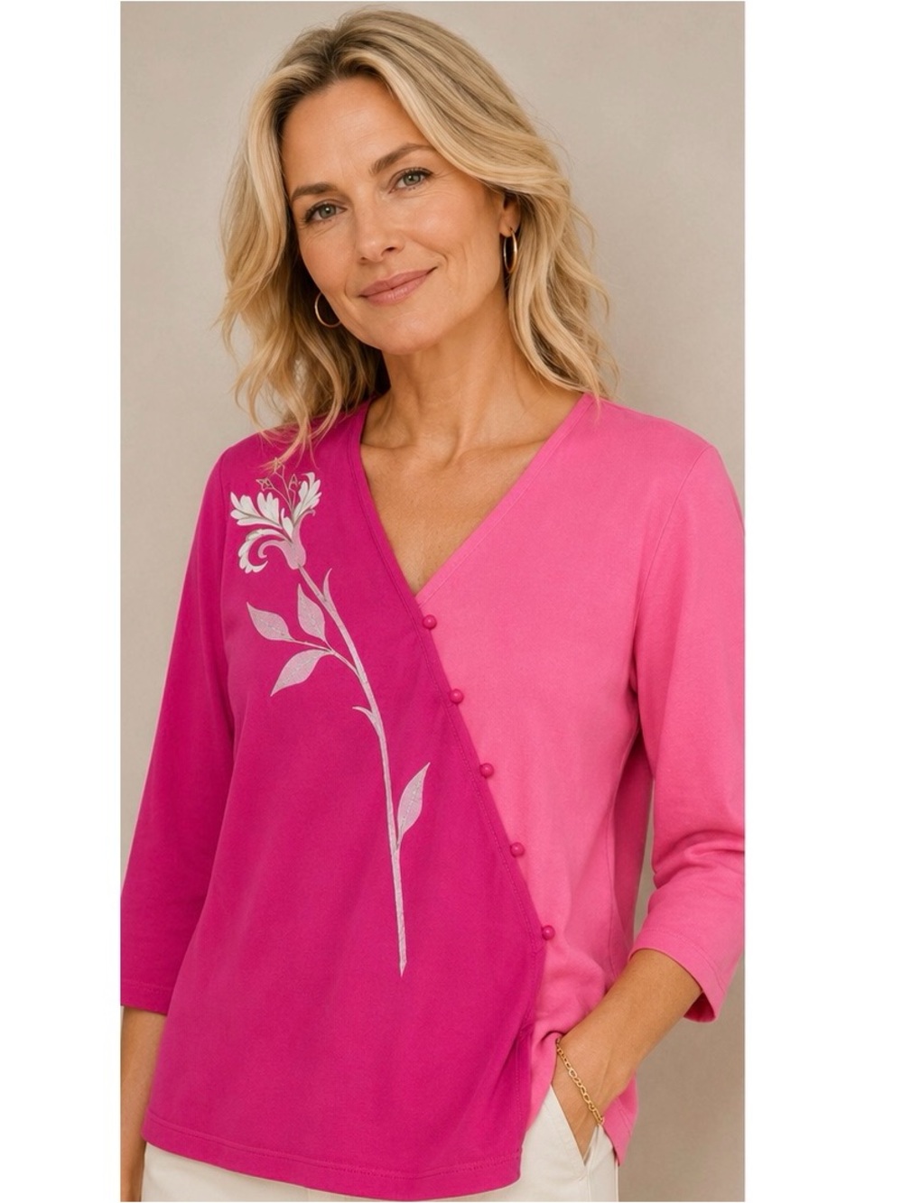 Bob Mackie Two-Tone Hot Pink and Fuchsia V-Neck Sweater